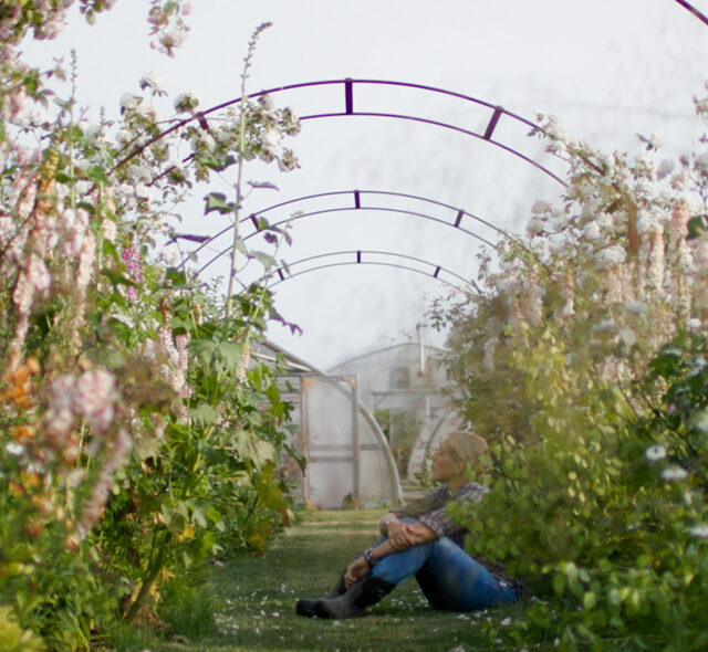 Erin Benzakein sitting in the cutting garden at Floret
