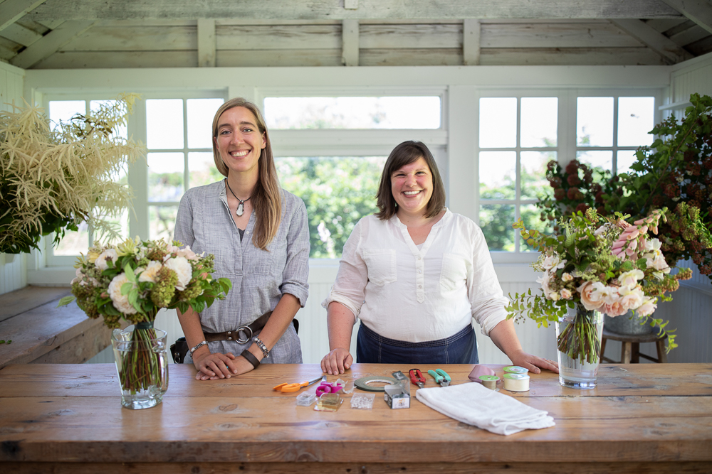 Erin Benzakein and Jill Jorgensen with bridal bouquets they made