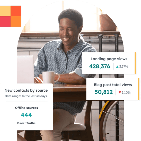 HubSpot user viewing metrics inside HubSpot Starter, including contacts by source, landing page views, and blog post views
