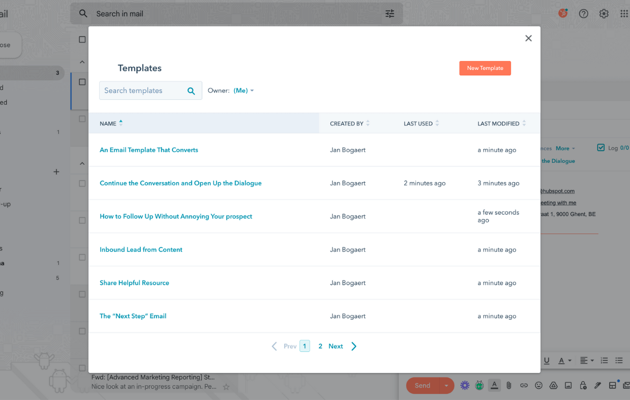 List of HubSpot email templates shown in email inbox