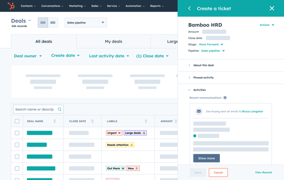 sales hub simple user interface showing deal list panel