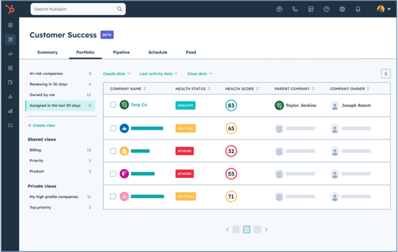 service hub simple user interface showing your team's customer success dashboard