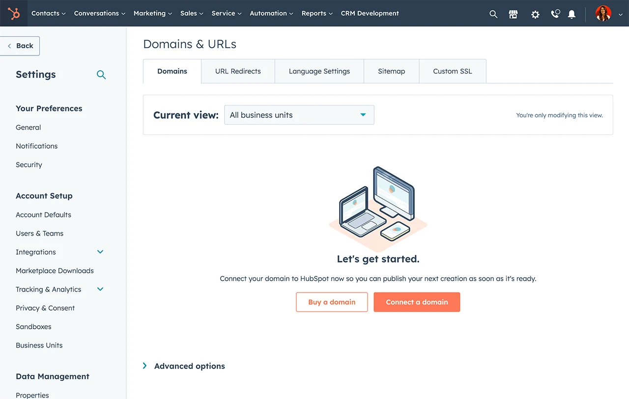 HubSpot CMS tools showing domains and URLs